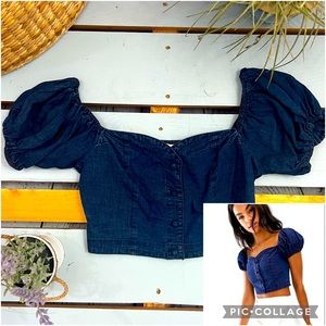 ASOS Design Dark Denim Crop Top with Puff Sleeve Size US 6